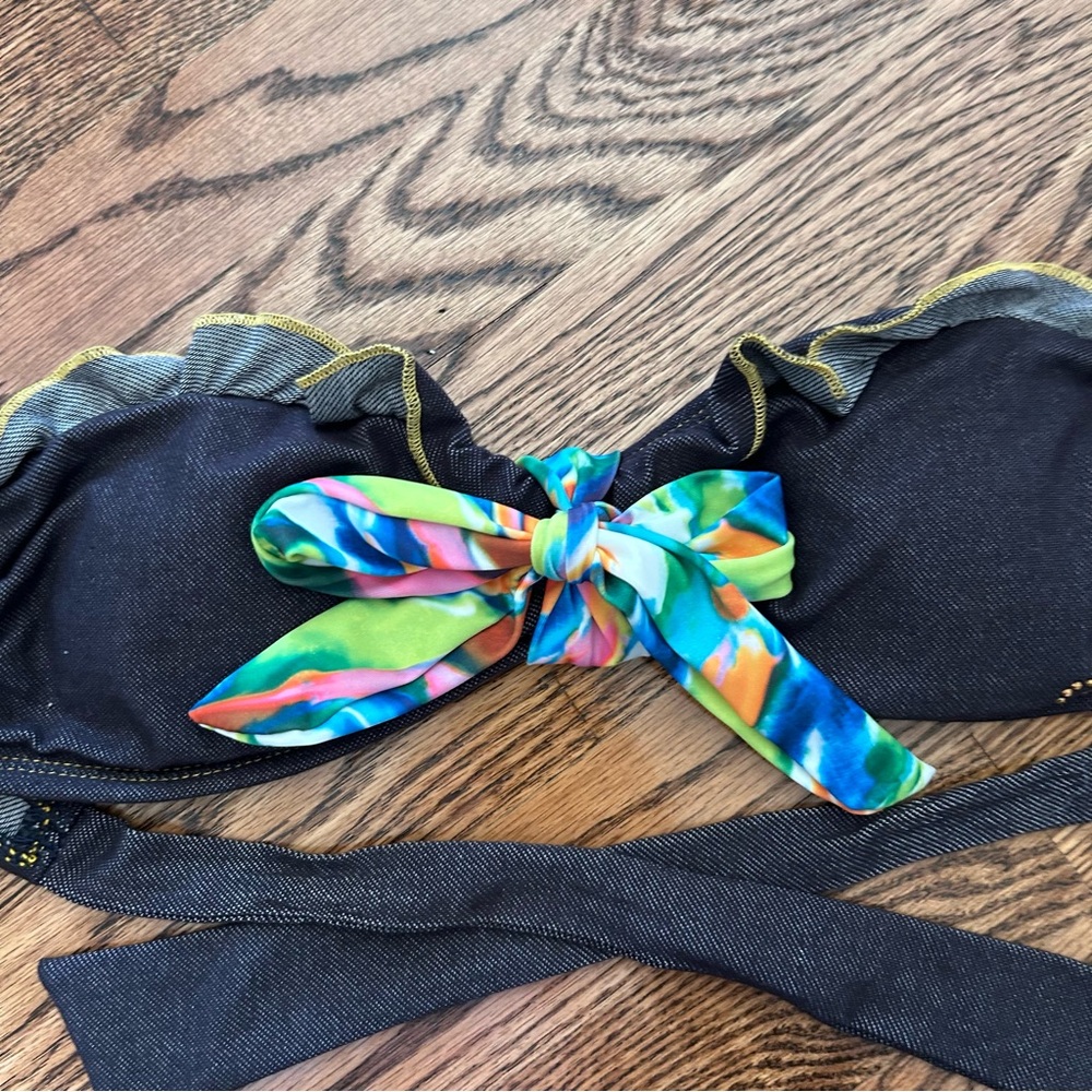 Guess NWT medium bandeau bikini denim print floral tie removable halter $94 - Picture 7 of 15